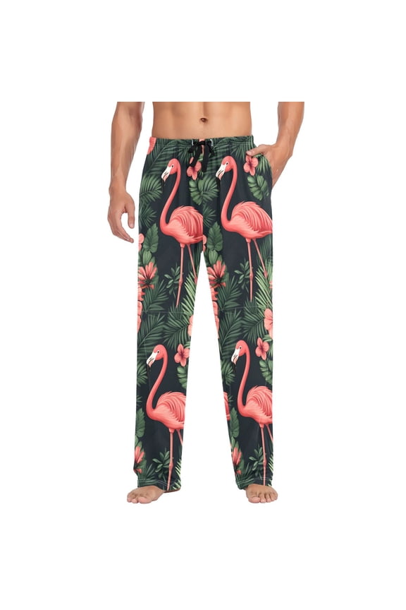 Mens Pajama Pants with Pockets Sleepwear Lounge Bottoms Sizes S-2XL, Red Flamingo Pattern