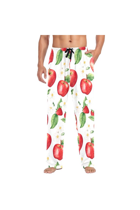 Mens Pajama Pants with Pockets Sleepwear Lounge Bottoms Sizes S-2XL, White Apple Pattern