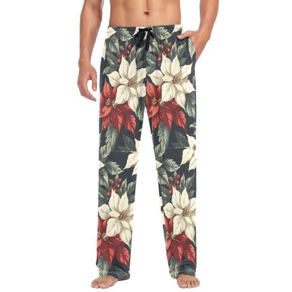FORMRS Mens Pajama Pants with Pockets Sleepwear Lounge Bottoms Sizes S-2XL, White Christmas Leaves