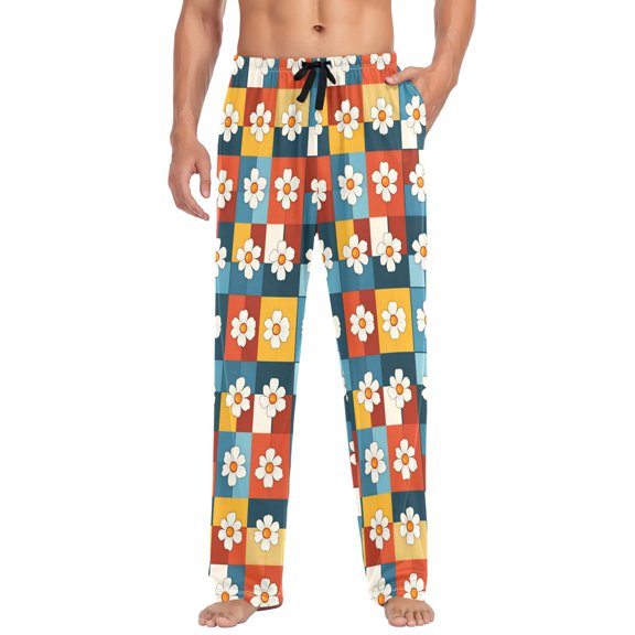 FORMRS Mens Pajama Pants with Pockets Sleepwear Lounge Bottoms Sizes S-2XL, Yellow Checkered Daisy