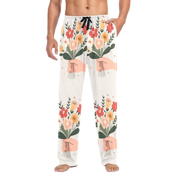 FORMRS Mens Pajama Pants with Pockets Sleepwear Lounge Bottoms Sizes S-2XL, Yellow Cute Flower