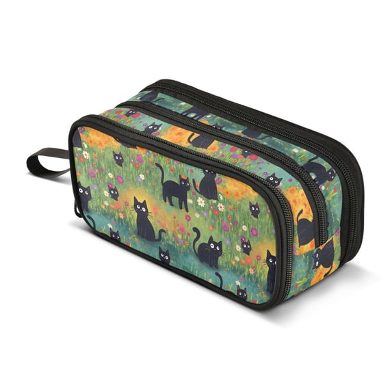 FORMRS Pencil Case with 3 Compartments School Large Capacity Zipper Pen Pouch Stationery Organizer, Floral Black Cats Pattern