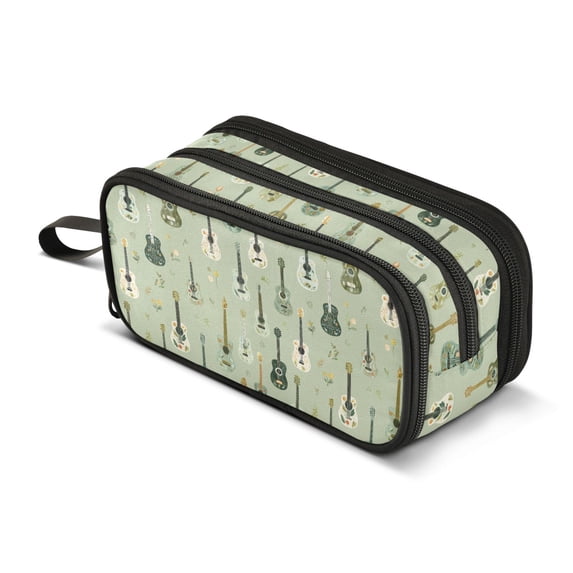 FORMRS Pencil Case with 3 Compartments School Large Capacity Zipper Pen Pouch Stationery Organizer, Green Floral Guitar Pattern