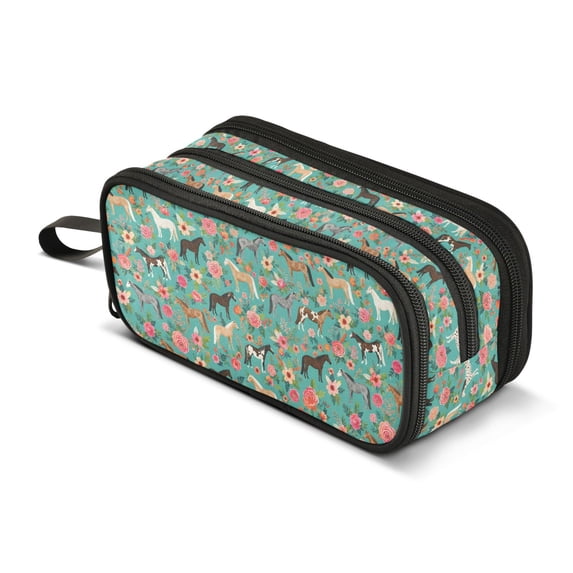 FORMRS Pencil Case with 3 Compartments School Large Capacity Zipper Pen Pouch Stationery Organizer, Green Floral Horses Pattern