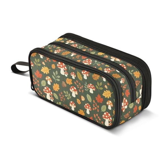 FORMRS Pencil Case with 3 Compartments School Large Capacity Zipper Pen Pouch Stationery Organizer, Green Mushroom Pattern