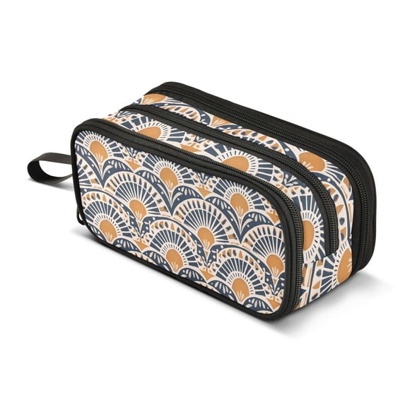 FORMRS Pencil Case with 3 Compartments School Large Capacity Zipper Pen Pouch Stationery Organizer, Orange Art Pattern