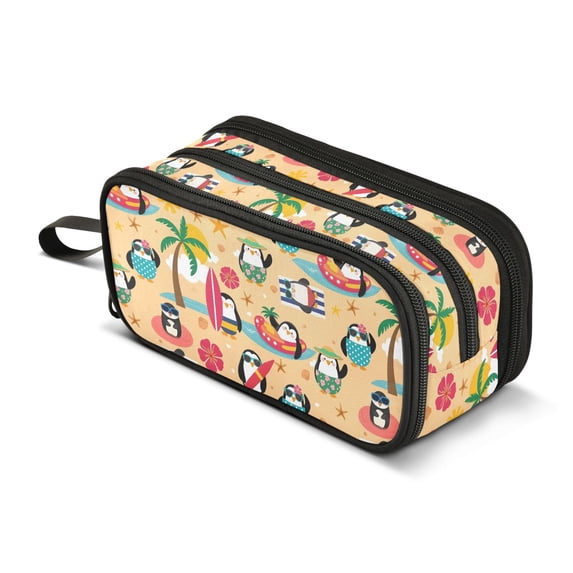 FORMRS Pencil Case with 3 Compartments School Large Capacity Zipper Pen Pouch Stationery Organizer, Penguins Beach Pattern