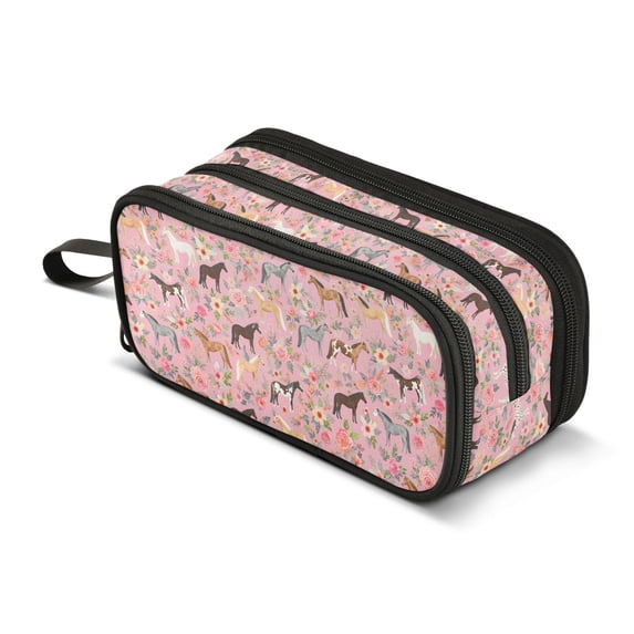 FORMRS Pencil Case with 3 Compartments School Large Capacity Zipper Pen Pouch Stationery Organizer, Pink Floral Horses Pattern