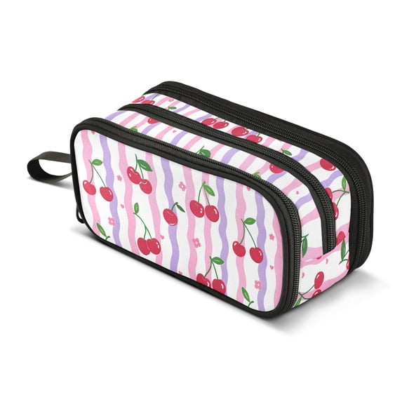 FORMRS Pencil Case with 3 Compartments School Large Capacity Zipper Pen Pouch Stationery Organizer, Purple Stripe Cherry Pattern