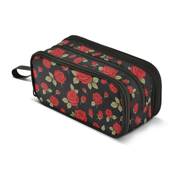 FORMRS Pencil Case with 3 Compartments School Large Capacity Zipper Pen Pouch Stationery Organizer, Red Roses Pattern