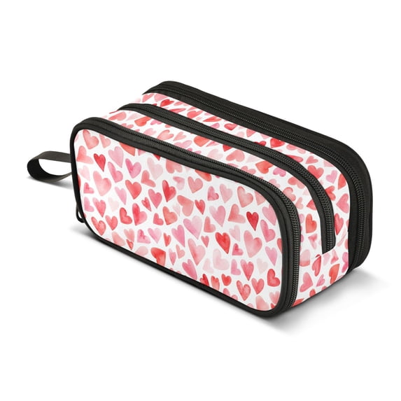 FORMRS Pencil Case with 3 Compartments School Large Capacity Zipper Pen Pouch Stationery Organizer, Watercolor Red Hearts Pattern