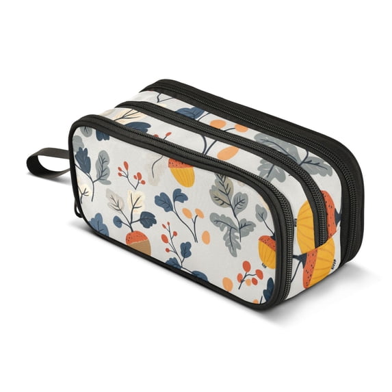 FORMRS Pencil Case with 3 Compartments Zipper Pouch, Elementary School Level and up, Acorn Leaves Pattern