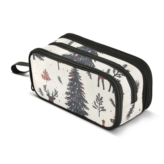 FORMRS Pencil Case with 3 Compartments Zipper Pouch, Elementary School Level and up, Beige Christmas Forest