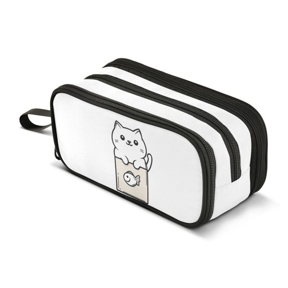 FORMRS Pencil Case with 3 Compartments Zipper Pouch, Elementary School Level and up, Beige Chubby Cat