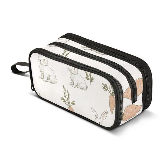 FORMRS Pencil Case with 3 Compartments Zipper Pouch, Elementary School Level and up, Beige Rabbits and Carrots