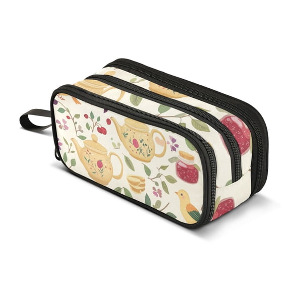 FORMRS Pencil Case with 3 Compartments Zipper Pouch, Elementary School Level and up, Birds Tea Time