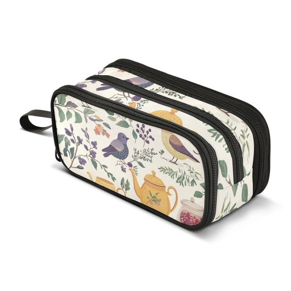 FORMRS Pencil Case with 3 Compartments Zipper Pouch, Elementary School Level and up, Birds and Teapots