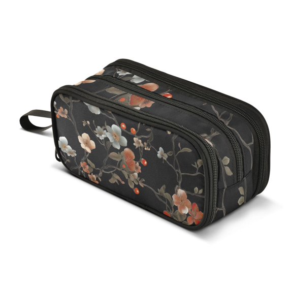 FORMRS Pencil Case with 3 Compartments Zipper Pouch, Elementary School Level and up, Black Flowers