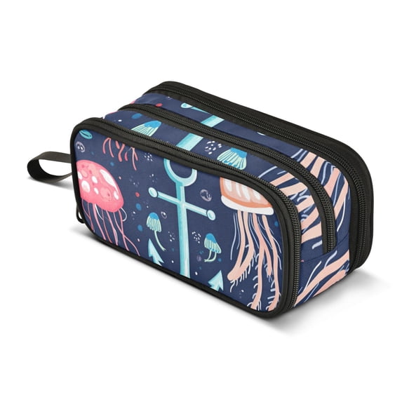 FORMRS Pencil Case with 3 Compartments Zipper Pouch, Elementary School Level and up, Blue Anchor