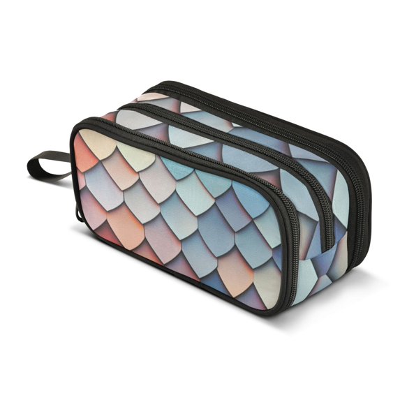 FORMRS Pencil Case with 3 Compartments Zipper Pouch, Elementary School Level and up, Blue Art Pattern