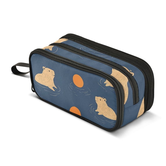 FORMRS Pencil Case with 3 Compartments Zipper Pouch, Elementary School Level and up, Blue Capybaras