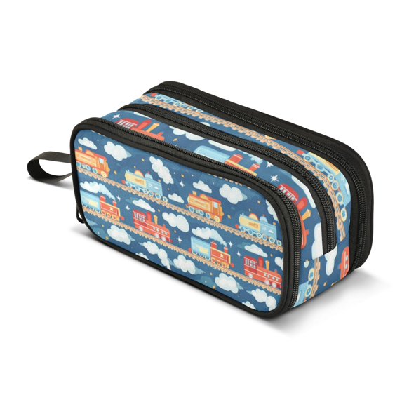 FORMRS Pencil Case with 3 Compartments Zipper Pouch, Elementary School Level and up, Blue Cute Train Pattern