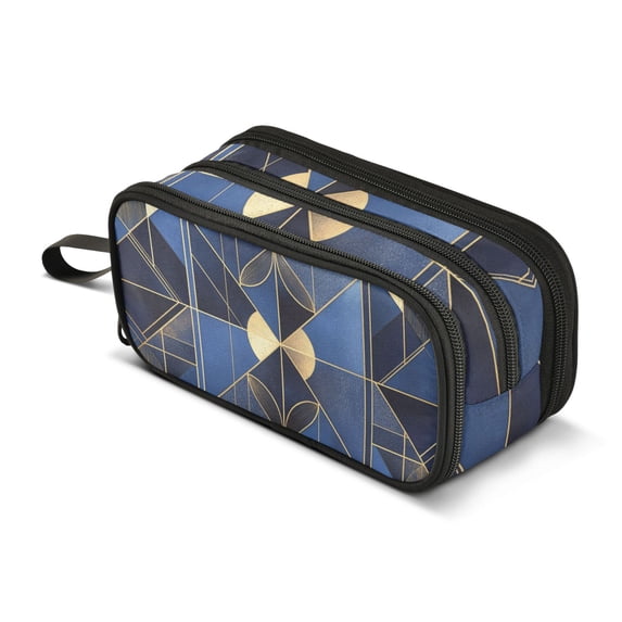 FORMRS Pencil Case with 3 Compartments Zipper Pouch, Elementary School Level and up, Blue Geometric Pattern