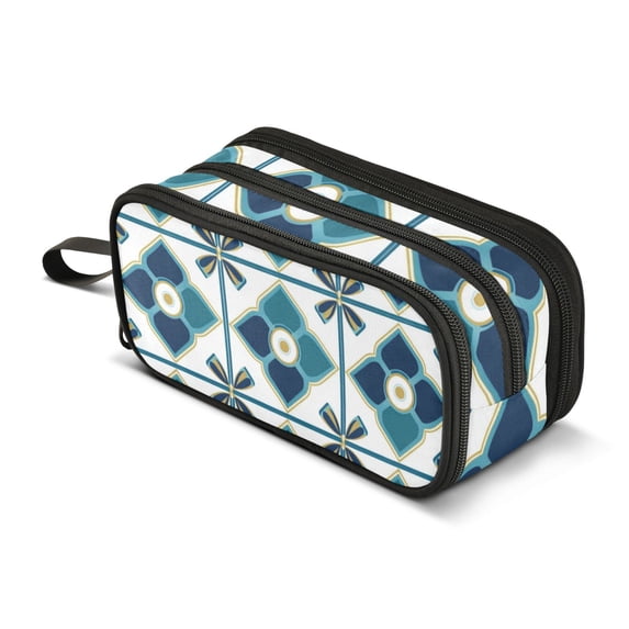 FORMRS Pencil Case with 3 Compartments Zipper Pouch, Elementary School Level and up, Blue Mosaic Pattern
