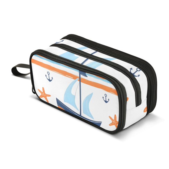 FORMRS Pencil Case with 3 Compartments Zipper Pouch, Elementary School Level and up, Blue Nautical Pattern