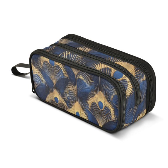FORMRS Pencil Case with 3 Compartments Zipper Pouch, Elementary School Level and up, Blue Peacock Feathers Pattern