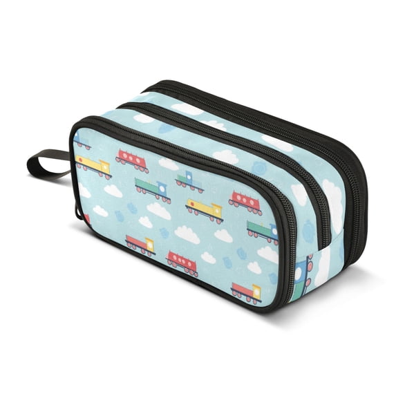 FORMRS Pencil Case with 3 Compartments Zipper Pouch, Elementary School Level and up, Blue Trains Pattern