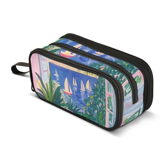 FORMRS Pencil Case with 3 Compartments Zipper Pouch, Elementary School Level and up, Boat Seaside