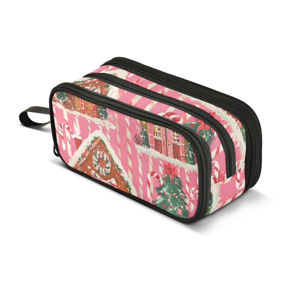 FORMRS Pencil Case with 3 Compartments Zipper Pouch, Elementary School Level and up, Brown Gingerbread Houses