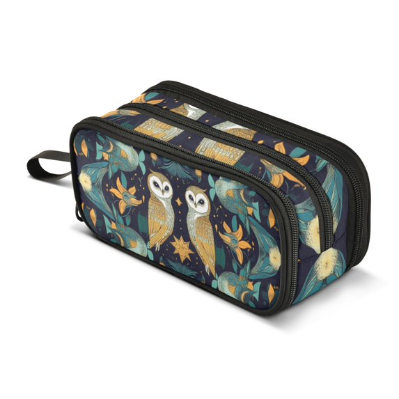 FORMRS Pencil Case with 3 Compartments Zipper Pouch, Elementary School Level and up, Brown Mystical Owls