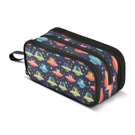 FORMRS Pencil Case with 3 Compartments Zipper Pouch, Elementary School Level and up, Cartoon Space Cat