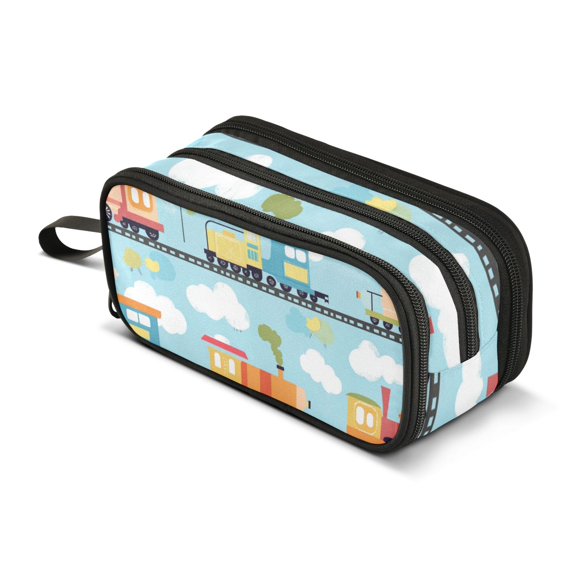 FORMRS Pencil Case with 3 Compartments Zipper Pouch, Elementary School Level and up, Cartoon Train Pattern