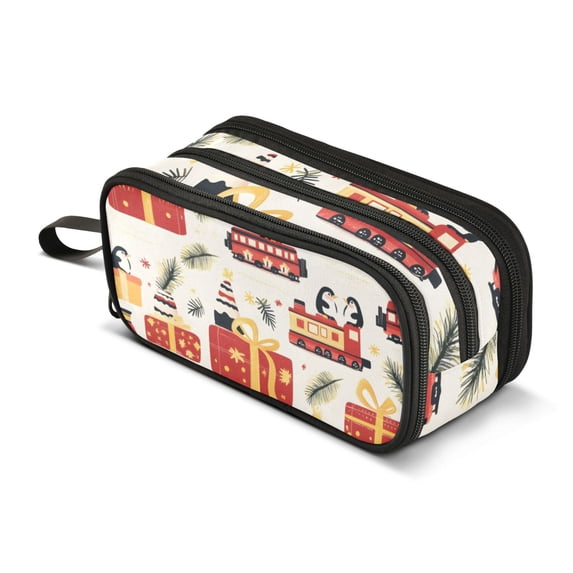 FORMRS Pencil Case with 3 Compartments School Large Capacity Zipper Pen Pouch Stationery Organizer, Christmas Box Train