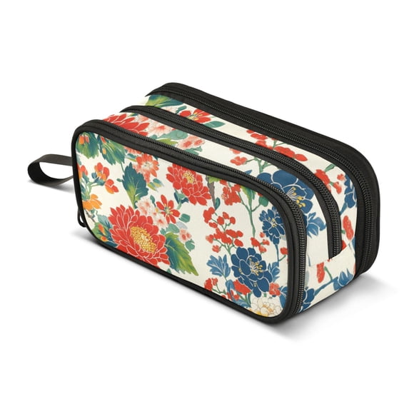 FORMRS Pencil Case with 3 Compartments Zipper Pouch, Elementary School Level and up, Colorful Flowers Pattern