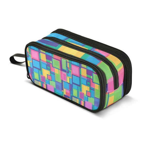 FORMRS Pencil Case with 3 Compartments Zipper Pouch, Elementary School Level and up, Colorful Geometric Pattern