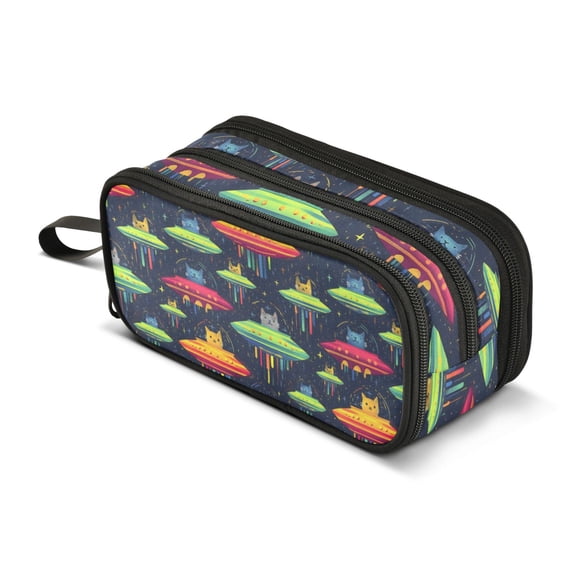 FORMRS Pencil Case with 3 Compartments Zipper Pouch, Elementary School Level and up, Colorful Space Cat
