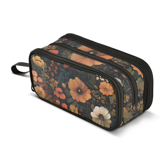 FORMRS Pencil Case with 3 Compartments Zipper Pouch, Elementary School Level and up, Dark Floral Pattern