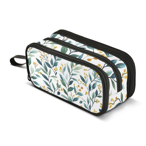 FORMRS Pencil Case with 3 Compartments Zipper Pouch, Elementary School Level and up, Darker Leafy Pattern