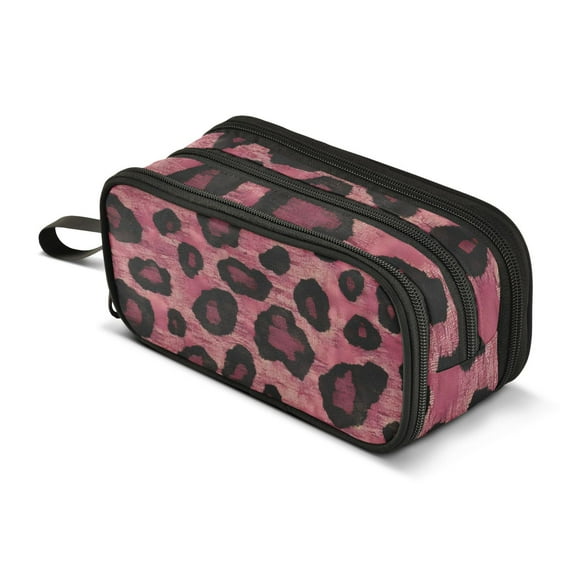 FORMRS Pencil Case with 3 Compartments Zipper Pouch, Elementary School Level and up, Deep Red Leopard Pattern