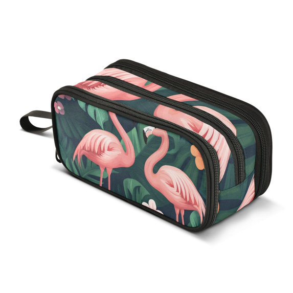 FORMRS Pencil Case with 3 Compartments Zipper Pouch, Elementary School Level and up, Flamingo Leaves Pattern