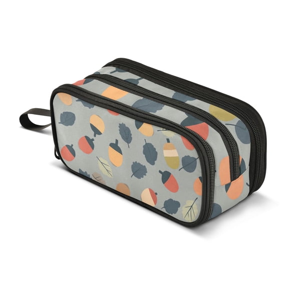 FORMRS Pencil Case with 3 Compartments Zipper Pouch, Elementary School Level and up, Gray Acorns Pattern