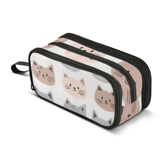 FORMRS Pencil Case with 3 Compartments Zipper Pouch, Elementary School Level and up, Gray Cat Pattern