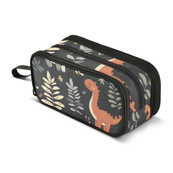 FORMRS Pencil Case with 3 Compartments Zipper Pouch, Elementary School Level and up, Gray Dinosaur
