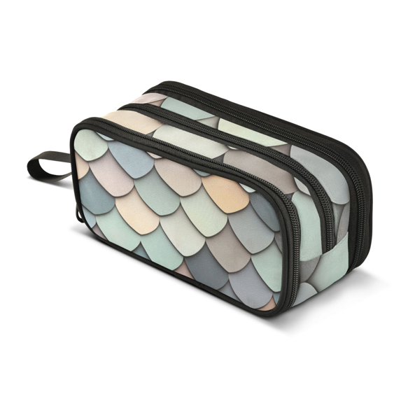 FORMRS Pencil Case with 3 Compartments Zipper Pouch, Elementary School Level and up, Green Art Pattern