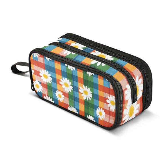 FORMRS Pencil Case with 3 Compartments Zipper Pouch, Elementary School Level and up, Green Checkered Daisy