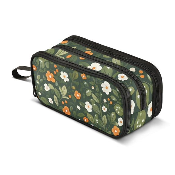 FORMRS Pencil Case with 3 Compartments Zipper Pouch, Elementary School Level and up, Green Flowers Pattern